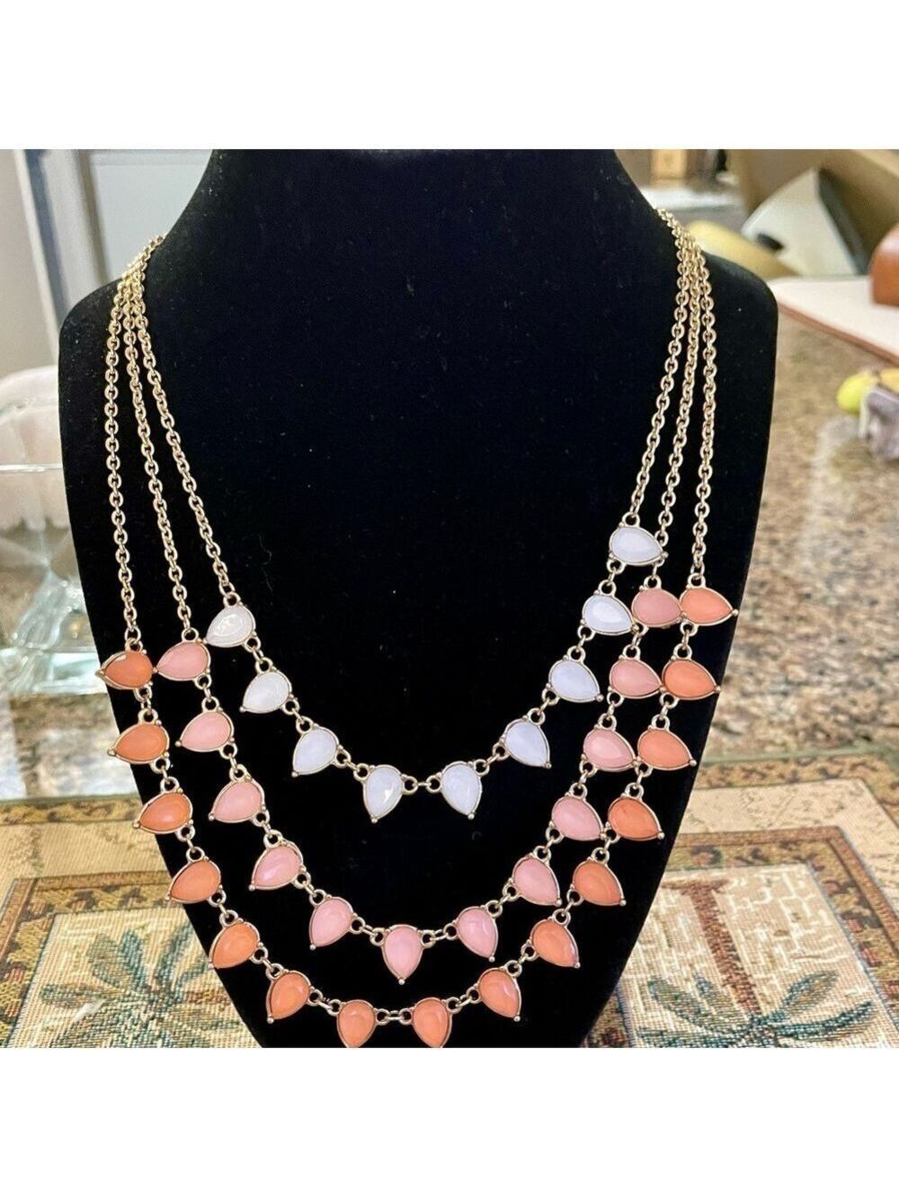 Necklace, Triple Strands of Peach Colored Triangular Stones in 3 Shades Statment